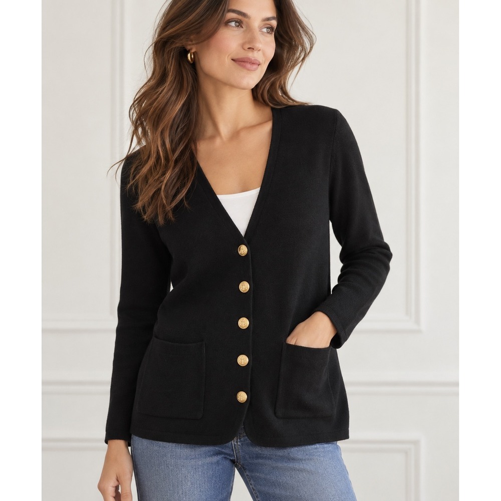 J.Crew Black Merino Wool Blend Cardigan Medium Gold Anchor Buttons Pockets
